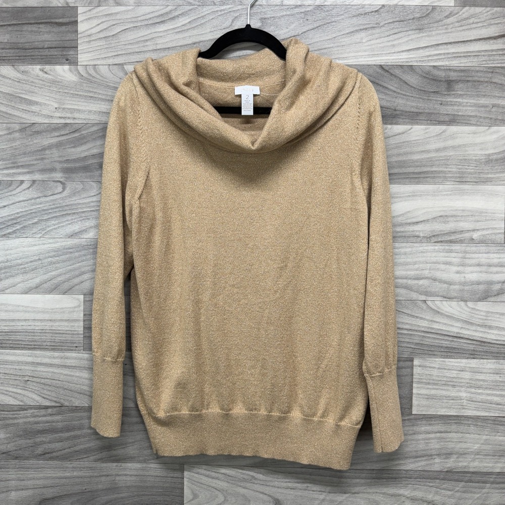 Chico's Sweater Women's Large 2 Beige Cotton Knit Long Sleeve Cowl Neck Pullover